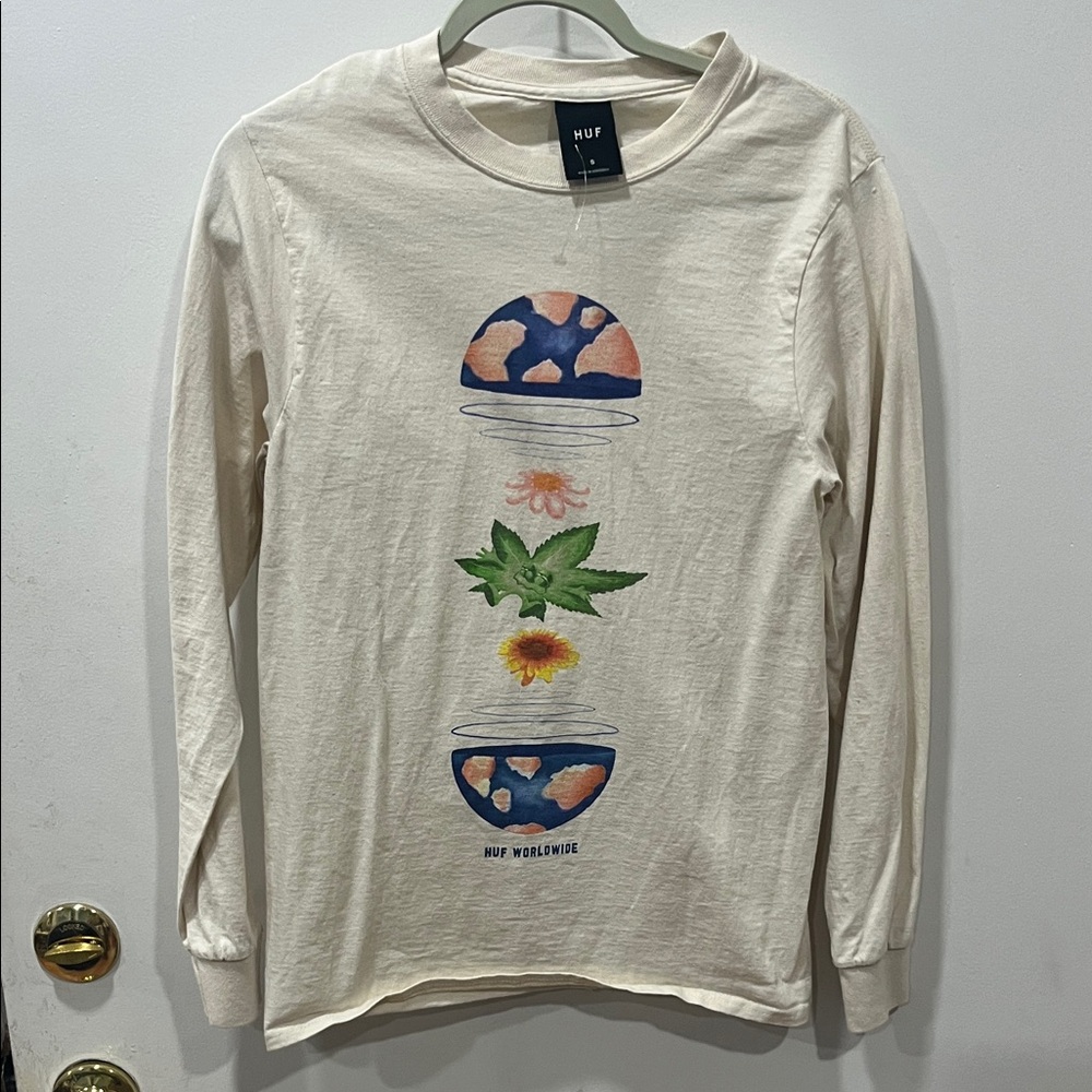 HUF Cream Long Sleeve Tee with Blue & Peach Globe Graphic